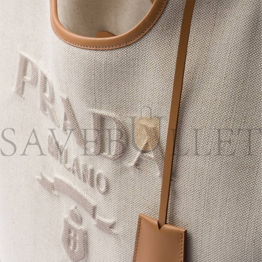 Pra*a large linen blend and leather tote bag 1bg472 (37*30*13cm)